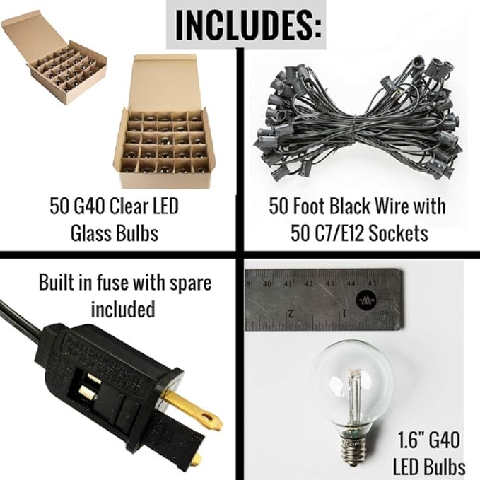 Hometown Evolution, Inc. 50 Foot G40 LED Patio String Lights (Black Wire) LED G40 Clear 1.6 Inch .6 Watt Bulbs for Outdoor String Patio Lights