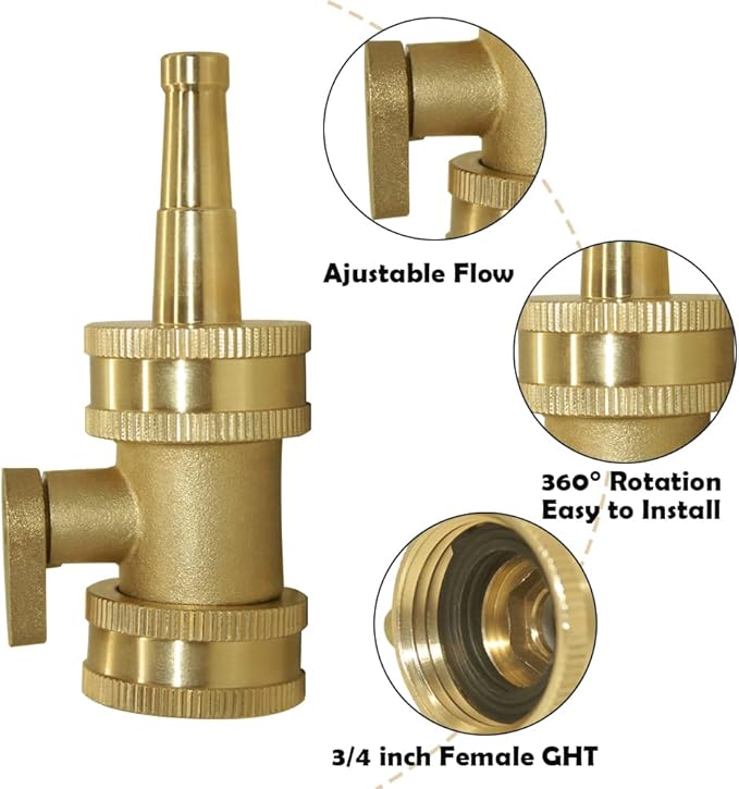 Hooshing Heavy Duty Brass Jet Nozzle High Pressure Jet Sweeper Sprayer Nozzle with Garden Hose Shut Off Valve 3/4" GHT Connector