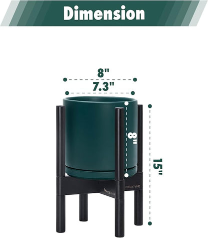 D'vine Dev Ceramic Planter with Ebony Stand - 8 Inch Modern Round Flower Pot with Wood Planter Holder, Teal, 55-B-M-4