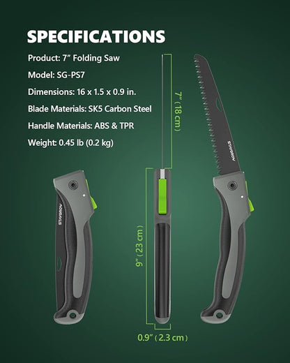 7 Inch Folding Hand Pruning Saw, Heavy Duty Foldable Camping Saw with 7” Hardened SK5 High Carbon Steel Blade Garden Folding Saw for Wood Cutting, Tree Trimming, Gardening, and Hunting