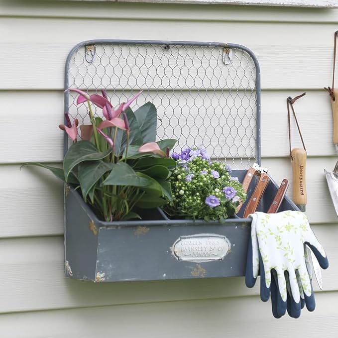Vintage Metal Hanging Flower Pot Rustic Wall Mounted Planter with 3 Compartment Farmhouse Plants Holder Succulents Tubs for Garden Railing Fence Patio Yard Outdoor Decor Blue