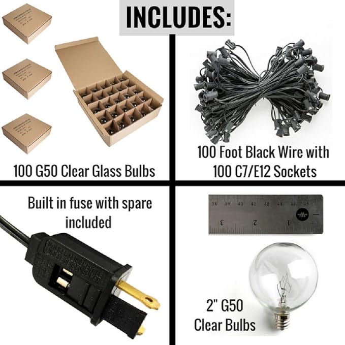 Hometown Evolution, Inc. Outdoor Globe String Lights (100 Foot, G50 Clear - Black Wire - 2 Inch 7-Watt Bulbs +5 Free Spares)