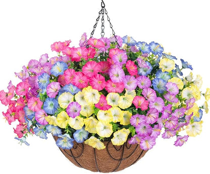 Artificial Faux Hanging Flowers Plants Baskets for Outdoors, Fake Silk Morning Glory in Planter UV Resistant Realistic Artificial Flower for Outside Porch Patio Balcony Garden Yard Home Decor