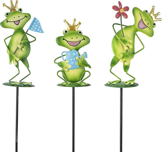 3 Pack Metal Garden Stakes, 14.2" Frog Garden Stakes for Spring Decor, Metal Yard Art for Outdoor & Outside Lawn Patio Pathway Decoration