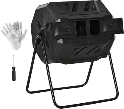 Outsunny Tumbling Compost Bin Outdoor 360° Dual Chamber Rotating Composter 43 Gallon, Black