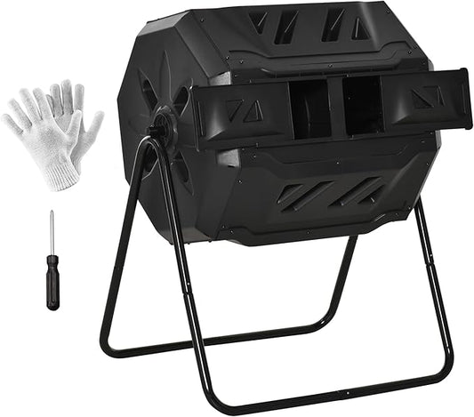 Outsunny Tumbling Compost Bin Outdoor 360° Dual Chamber Rotating Composter 43 Gallon, Black
