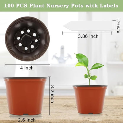 100 Pcs Plant Nursery Pots, 4 Inch Small Plant Seedling Pots with Labels Plastic Plant Flower Pots with Drainage Holes Indoor Outdoor for Succulent Cutting Transplanting