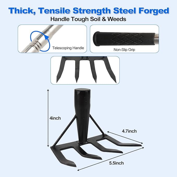 Small Garden Rake Tool, Hand Tiller Cultivator, Weed Remover Rakes Narrow for Flower Beds, Leaves Leaf Grass Cleaning for Precise Gardening, Mulch Spreading, Tilling Soil Weeding - Long Handle
