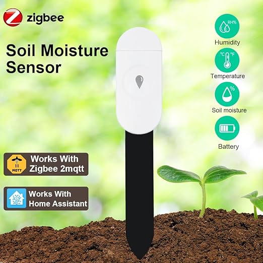 Haozee Intelligent Soil Moisture Sensor, Zigbee Hub Required, Capacitive Sensor, Humidity/Temperature Meter for Garden Planting, Compatible with Home Assistant Zigbee2mqtt
