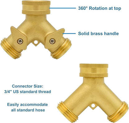 HYDRO MASTER Heavy Duty Brass 2 Way Y Splitter Garden Hose with Comfortable Grip Shut Off Valves, Adapter for Water Tap, Outlet, & Spigot, Includes Extra Rubber Washers