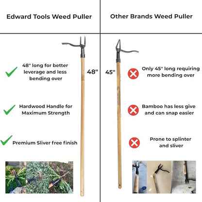 Edward Tools PullPro Long Handle Weed Puller Tool - 48" Classic Heavy Duty Hardwood Handle with 4 Claws Steel Head - Improved Stand Up Weed Remover Tool - Easy Stand Up Tool for Seniors
