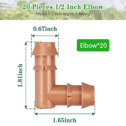 Drip Irrigation Barbed Elbow：20 Pack Drip Irrigation Elbow Parts Fits for 1/2 Inch Drip Irrigation Tubing 17mm 0.600" ID for Patio Lawn Garden