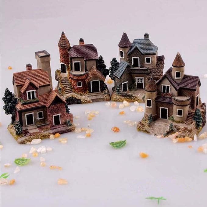 4PCS Miniature House Fairy Gardening Micro Landscape Village Stone House Bonsai Terrarium Crafts Ornaments Accessories Home Decoration Resin