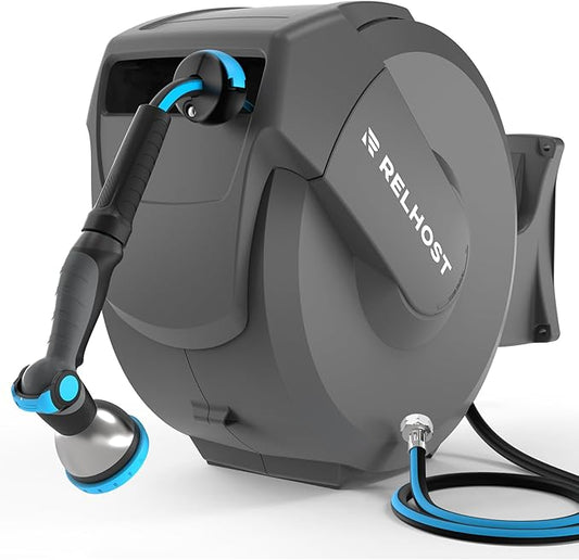 Retractable Garden Hose Reel 100 ft x 1/2 in, Heavy Duty Hose Reel Wall Mount with Any Length Lock, Auto Rewind System, 180° Swivel Bracket, 10-Pattern Garden Hose Nozzle, Dark Grey