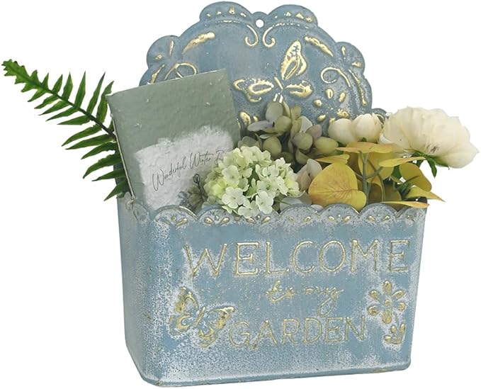 Decorative Hanging Wall Basket Shabby Chic Wall Planter for Indoor Planters Decor Blue Wall Planter Holder Metal Hanging Planter Wall Mounted Planter for Farmhouse Garden Wall Decor