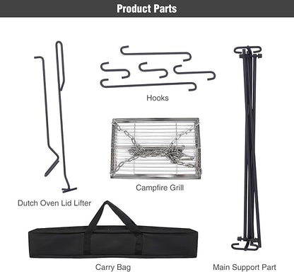 Lineslife Grill Swing Campfire Cooking Stand with Adjusatble Stainless Steel Grill Grate, Collapsible BBQ Grill with Hooks and Accessories for Outdoor Camping Cookware & Dutch Oven