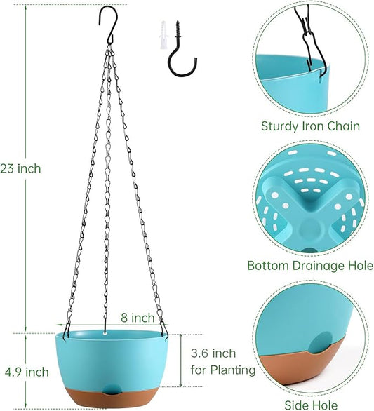 Set of 2 8 Inch Self Watering Hanging Planters for Indoor Outdoor Plants, Color Blocking Hanging Baskets Flower Pots with Drainage Hole & Removable Water-Storage Tray