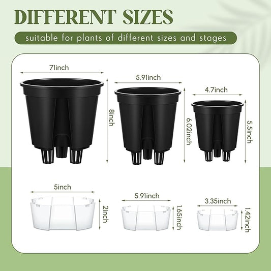 9 Pcs Self Watering Pots for Indoor Plants with Deep Reservoir and High Drainage Holes for Outdoor Plants and Flowers, Bare Root Planter (4.72'',5.91'',7.09'',Black)
