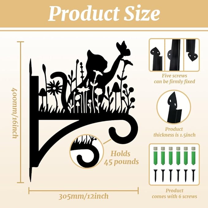 peacoblue Iron Plant Hangers Hooks for Outdoor Indoor Hanging Plants Flower Fern Pots Lantern Bird Feeder Wind Chimes, 12"x16" Cat and Flowers Weather Resistant Metal Wall Holder for Porch Farmhouse