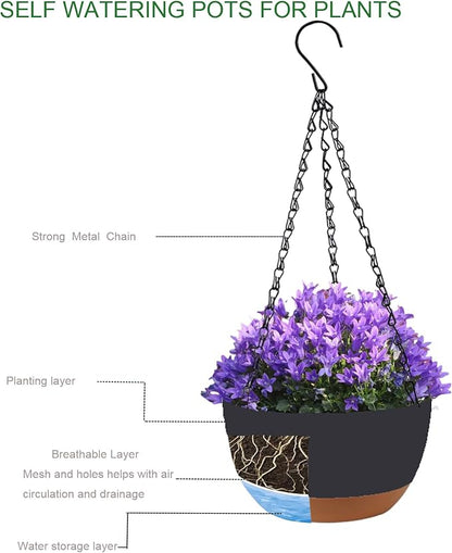 2 Pack 10 Inch Hanging Planters for Indoor Outdoor Plants, Plastic Hanging Basket Flower Plant Pots, Plant Self Watering Pot with Drainage Holes and Saucers for Garden Home (Deep Gray)