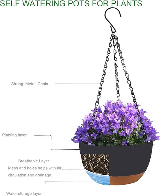 2 Pack 10 Inch Hanging Planters for Indoor Outdoor Plants, Plastic Hanging Basket Flower Plant Pots, Plant Self Watering Pot with Drainage Holes and Saucers for Garden Home (Deep Gray)