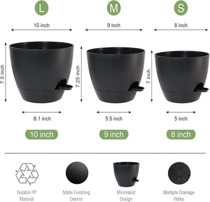 10/9/8 inch Self Watering Pots, Set of 3 Plastic Planters with Mesh Drainage Holes and Deep Reservoir for Indoor Outdoor Garden Plants and Flowers, Black