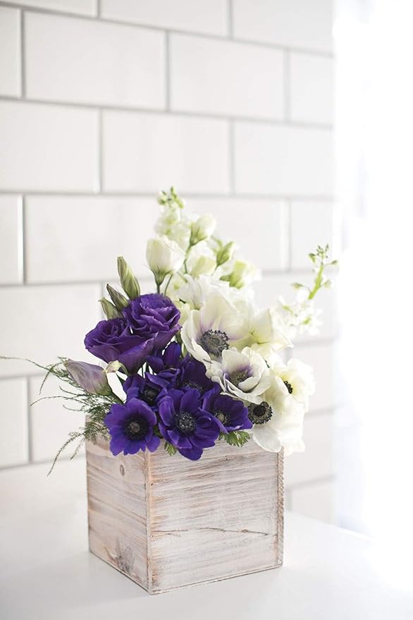 Wooden Planter Box l Rustic Barn Whitewash with Plastic Liner l Garden Decor l Restaurant and Wedding Decorations (6x6 Set of 2, Whitewash)