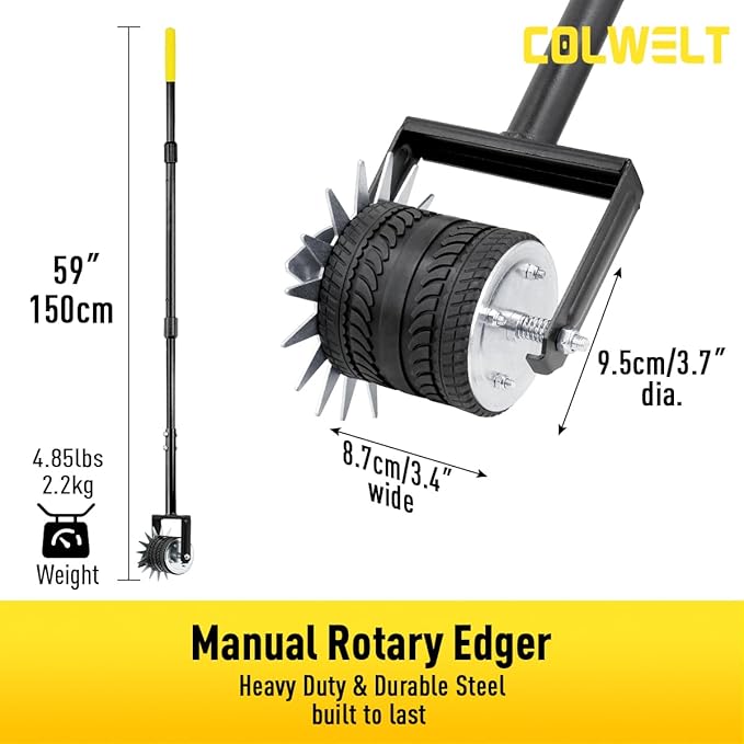 Colwelt Wheel Rotary Edger Lawn Tool 59’’, Manual Grass Edger Tool with Wheel with Extra-Wide Rubber Wheel, Garden Edger with Reinforced Bracket, Rotary Edging Tool for Landscaping Sidewalks Driveways