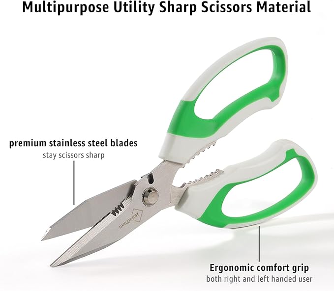 8-Inch Utility Scissors All Purpose Heavy Duty, Serrated Blade, Green Comfort Grip for Cutting Carpet, Cardboard, Leather, Fabric, Multipurpose Sharp Shears for Kitchen, Garden, Office, Carft