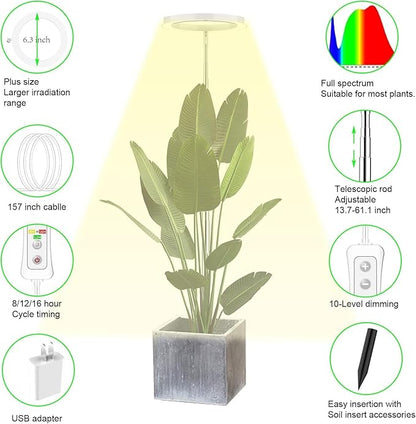 Yadoker LED Growing Light, Full Spectrum for Indoor Plants, Paired with a Soil Tester,Height Adjustable, Automatic Timer, Low Safe Voltage, Ideal for Large Plants