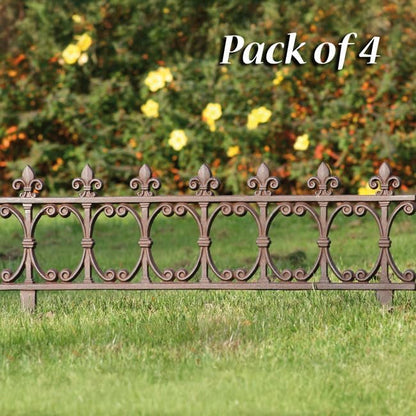 Esschert Design Finial Garden Fence, Rust Brown Cast Iron, 14" H x 32" W, Pack of 4 Decorative Fence Sections with Fleur-de-Lis Finials for Garden Edging and Walkway Borders
