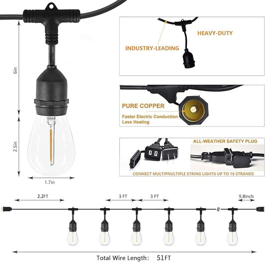 Outdoor String Lights for Outside 48FT with 15+1 2700K LED S14 Shatterproof Bulbs for Patio Back Yard Porch, Linkable