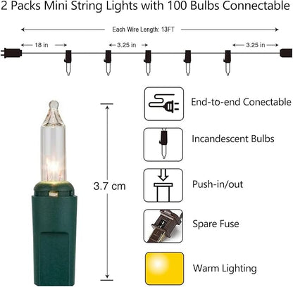 Vigdur 2 Pack 13ft 50 Clear Outdoor String Lights on Green Wire Cord, UL Approved for Indoor/Outside Use, Connectable 120V Clear Outdoor Lights for Xmas Patio Home Party Garden Decor(Green)