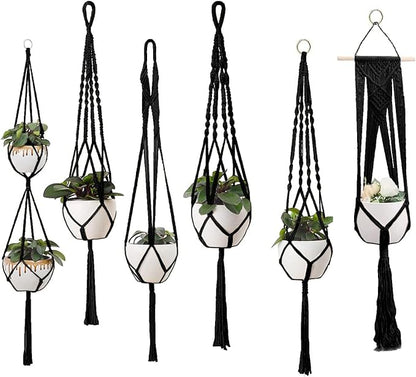 Feedee Macrame Plant Hangers - 6 Pack, Black, Indoor/Outdoor, Cotton