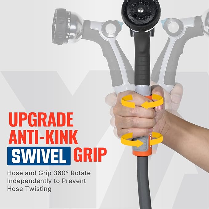 YAMATIC Heavy Duty Garden Hose 5/8 in x 75 ft with Swivel Handle, Super Flexible Water Hose, All-weather, Lightweight, Burst 600 PSI, Gray