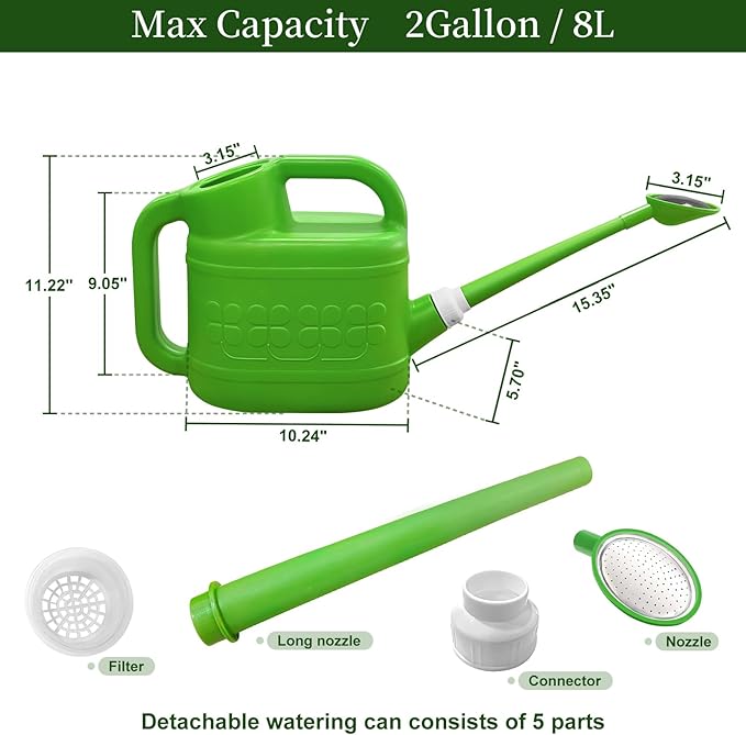 Qilebi 2 Gallon Watering Can for Outdoor Plants, Plant Watering Cans with Removable Long Spout and Stainless Steel Sprinkler Head, Large Plastic Watering Can for Garden Flowers Plants Light Green