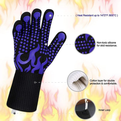 Comsmart BBQ Gloves, 1472 Degree F Heat Resistant Grilling Gloves Silicone Non-Slip Oven Gloves Long Kitchen Gloves for Barbecue, Cooking, Baking, Cutting