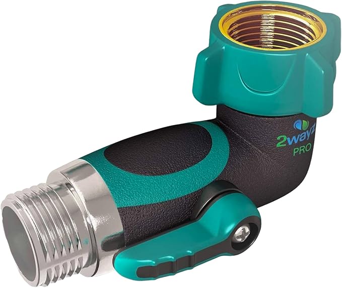 2WAYZ 90 Degree Hose Elbow Angle Connector with Shut Off Valve - 2025 Heavy Duty Model, Water Tube Fittings, 90 Degree Elbow with Two Shut Offs, Compatible with Garden Hose and Spigot - Green