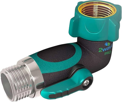 2WAYZ 90 Degree Hose Elbow Angle Connector with Shut Off Valve - 2025 Heavy Duty Model, Water Tube Fittings, 90 Degree Elbow with Two Shut Offs, Compatible with Garden Hose and Spigot - Green