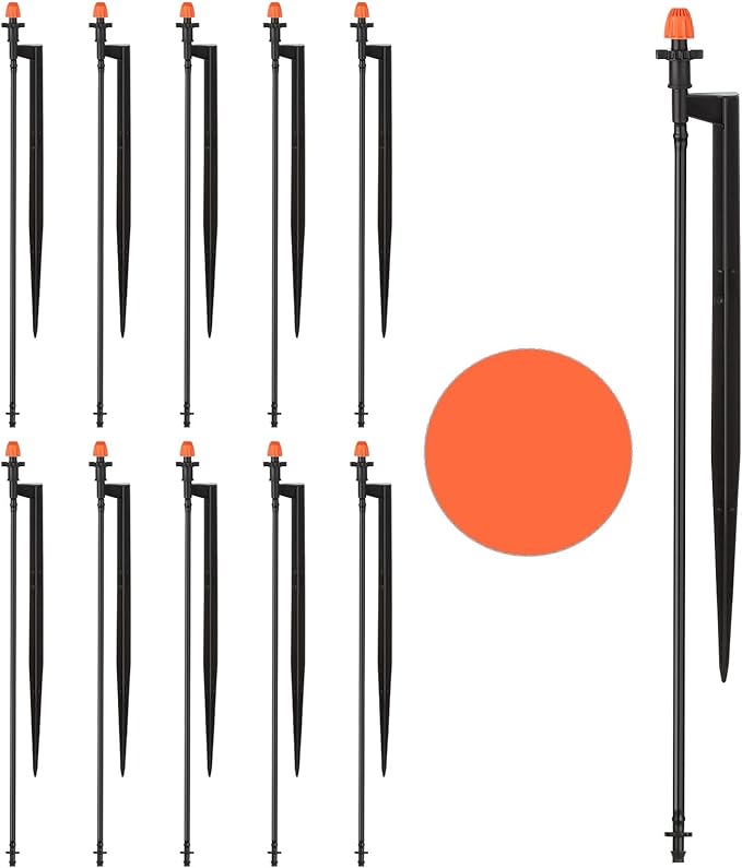 Drip Micro Sprinkler Heads with Stake: 360 Degree Sprinkler Nozzle with 1/4" Drip Irrigation Tubing - 10 Pack Drip Spray Emitters on 12 Inch Stake for Garden Water System