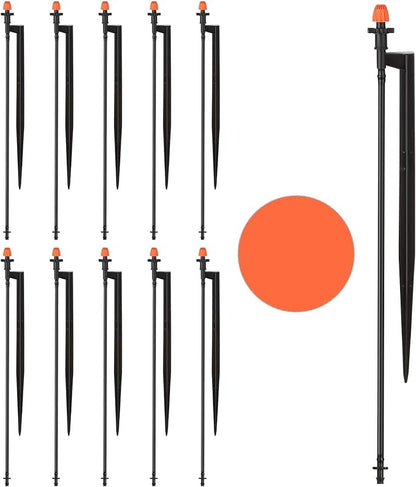 Drip Micro Sprinkler Heads with Stake: 360 Degree Sprinkler Nozzle with 1/4" Drip Irrigation Tubing - 10 Pack Drip Spray Emitters on 12 Inch Stake for Garden Water System