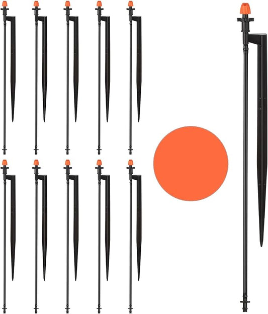 Drip Micro Sprinkler Heads with Stake: 360 Degree Sprinkler Nozzle with 1/4" Drip Irrigation Tubing - 10 Pack Drip Spray Emitters on 12 Inch Stake for Garden Water System