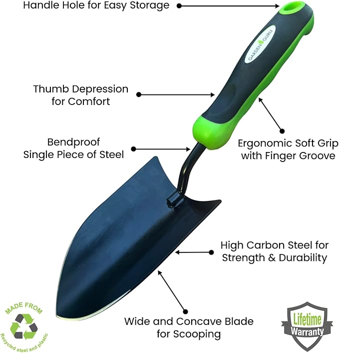Garden Guru Heavy Duty Garden Trowel Hand Shovel for Gardening – Strong Carbon Steel Hand Trowel with Ergonomic Non-Slip Handle – Perfect for Digging, Planting, Transplanting, and Cutting Roots