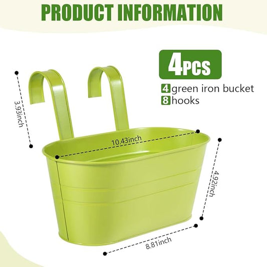 OBTANIM 4 Pack Metal Hanging Flower Pots Iron Railing Planter Outdoor Fence Hanging Pots Bucket Plant Holder with Detachable Hooks Drain Holes for Home Garden Yard Decor (Green)