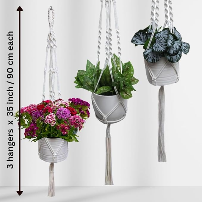 3 Pack Macrame Plant Hanger Indoor Hanging Planter for Plants Holder, Hanging Pot Holder Macrame Decorative Flower Pot Holder with 3 Hooks for Indoor Outdoor Boho Home Décor, Ivory (POTS NOT INCLUDED)
