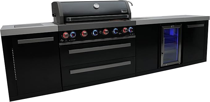 Mont Alpi MAi805-BSSBEV 6-Burner 115000 BTU Black Stainless Steel Island Outdoor Kitchen Gas Barbecue Grill with Beverage Center - Granite Countertops + Storage Drawers and Cabinets + Faucet & Sink