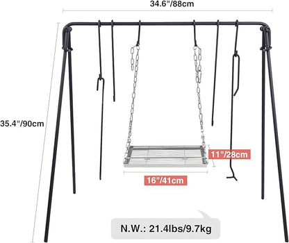 REDCAMP Swing Outdoor Campfire Grill Stand - Collapsible Campfire Cooking Rack with 6 Hooks & Stainless Steel Grill Grate, Portable Dutch Oven Hanger for Camping, Cookware, Bonfire, Rectangle