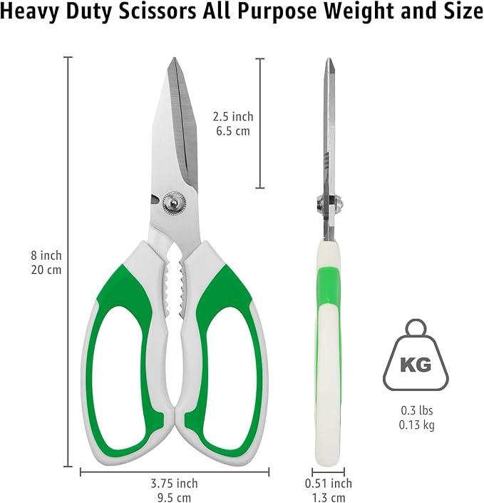 8-Inch Utility Scissors All Purpose Heavy Duty, Serrated Blade, Green Comfort Grip for Cutting Carpet, Cardboard, Leather, Fabric, Multipurpose Sharp Shears for Kitchen, Garden, Office, Carft