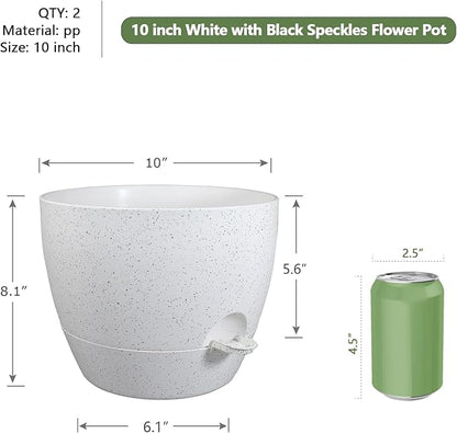 10 inch Self Watering Pots, Planter, Plant Pots with Mesh Drainage Holes for Indoor Outdoor House Plants and Garden, Set of 2 Plastic Flower Pots with Deep Reservoir, Speckled White