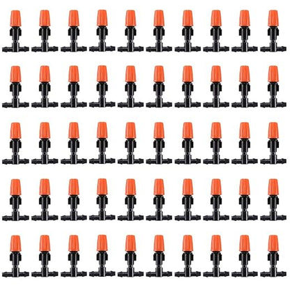 50pcs Adjustable Flow Micro Spray Drippers, 1/4" Garden Irrigation Sprinkler Heads with 3 Tee Connectors for Agricultural Patio Misting System, Drip Watering Kit